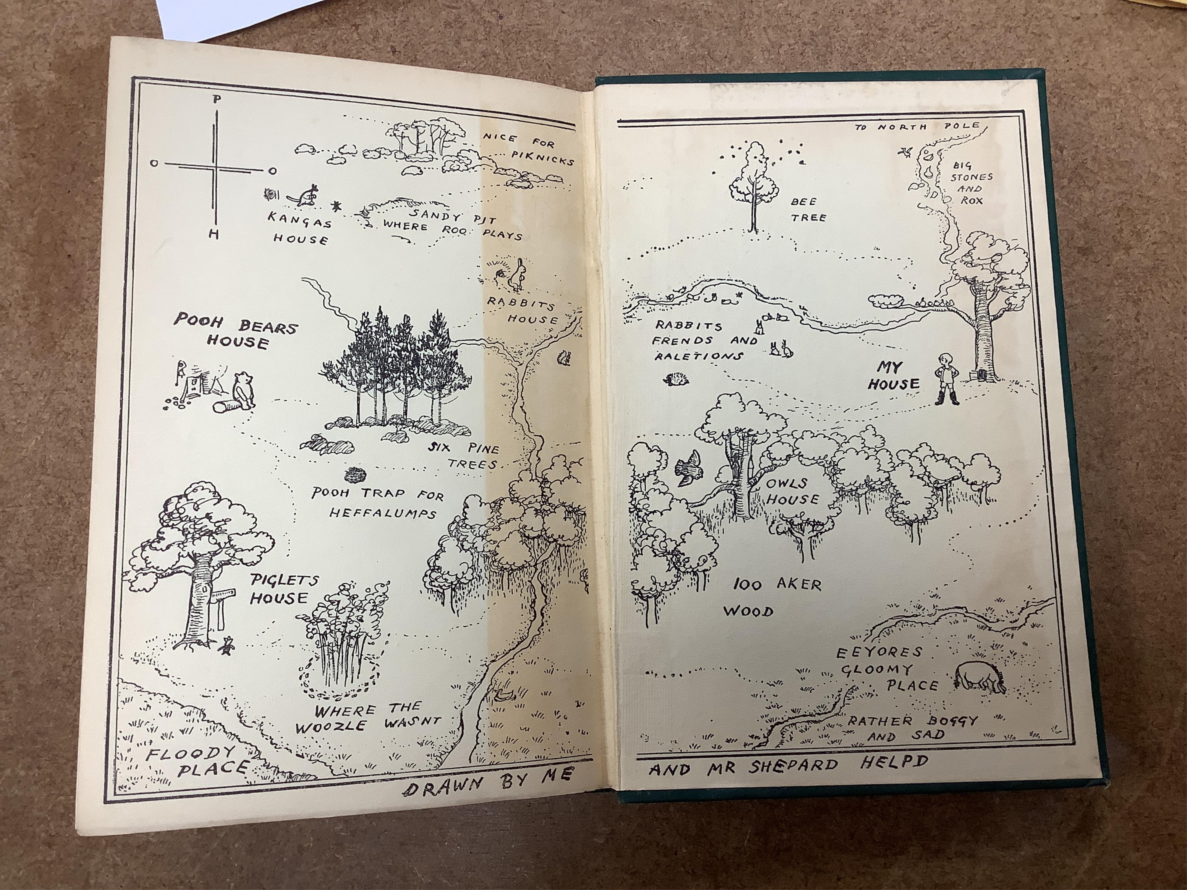 Milne, A.A. - Winnie-the-Pooh... with decorations by Ernest H. Shepard. First Edition. title and num. illus. (some full page), pictorial map on e/ps., half title; publisher's gilt ruled and pictorial green cloth, gilt to